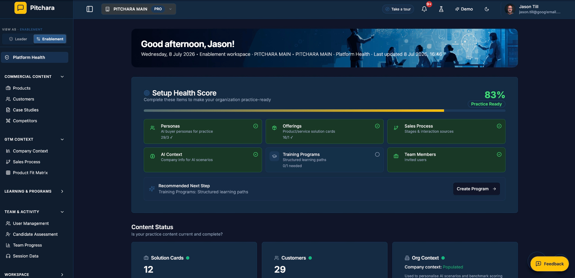Everboarder Platform Health dashboard with 83% Setup Health Score and checklist of Personas, Offerings, Sales Process, AI Context, Training Programs and Team Members.