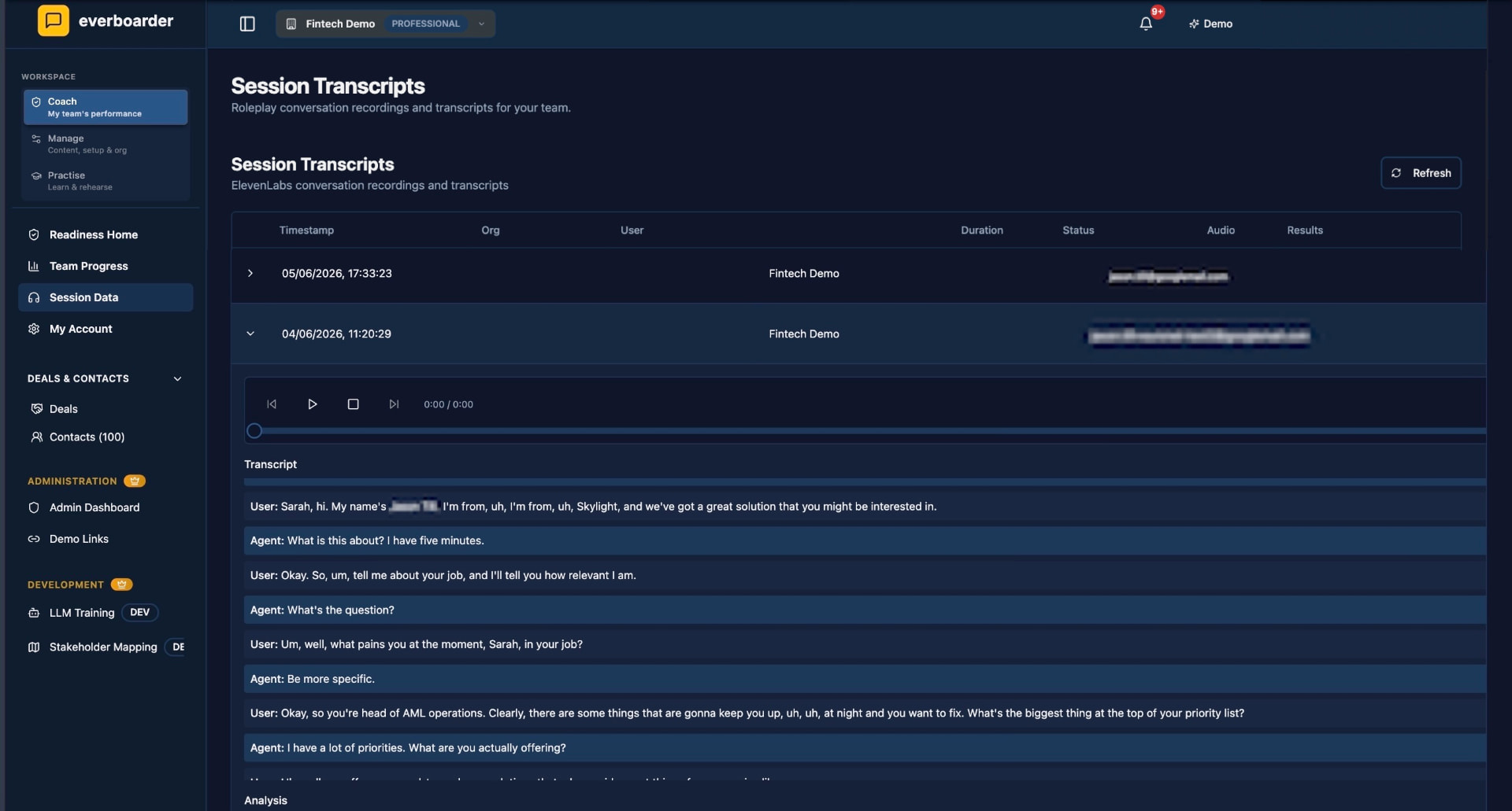 Session recording and transcript inside everboarder — the raw evidence behind the readiness score.