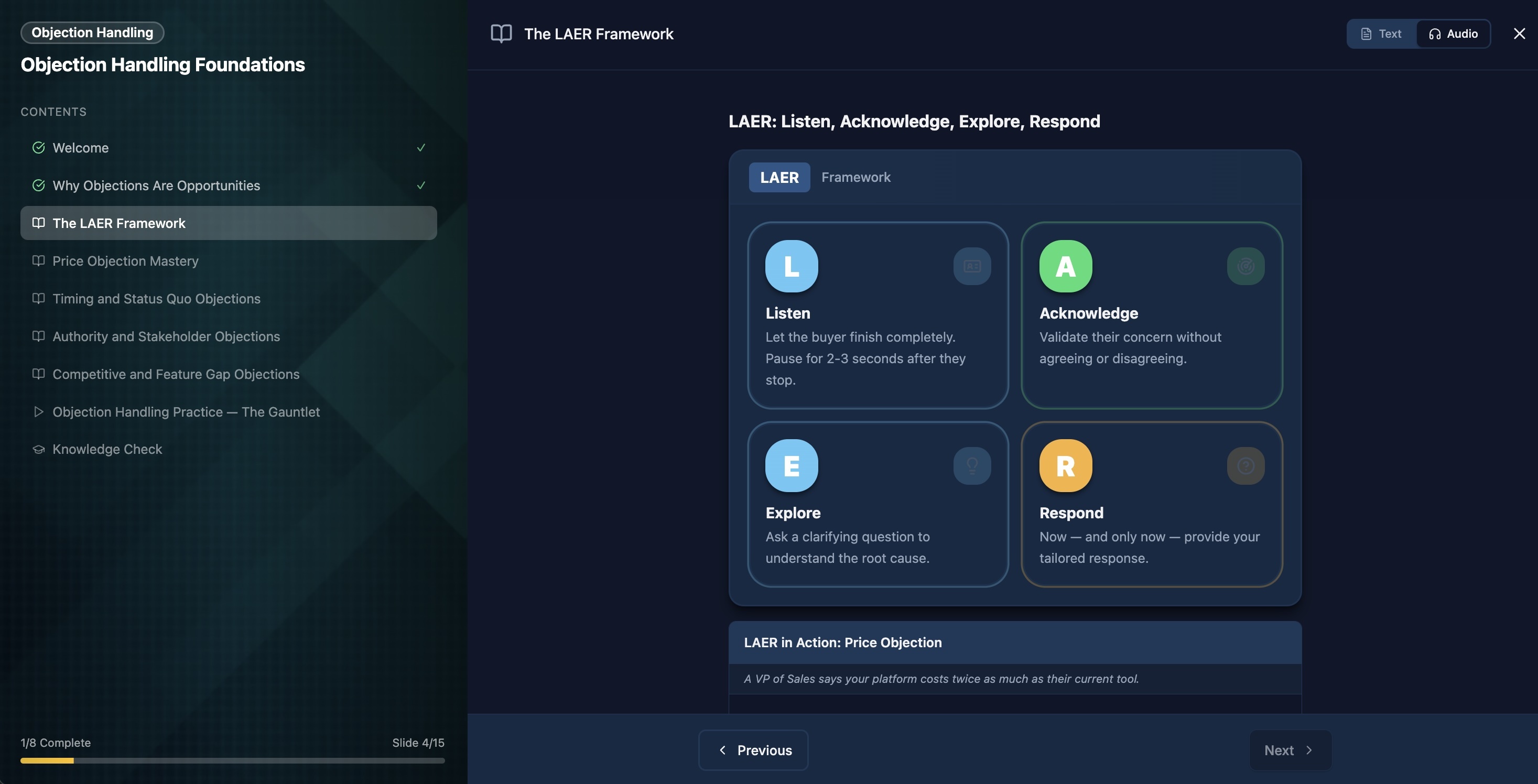 The LAER framework lesson inside Everboarder — Listen, Acknowledge, Explore, Respond, with worked segment-specific examples.