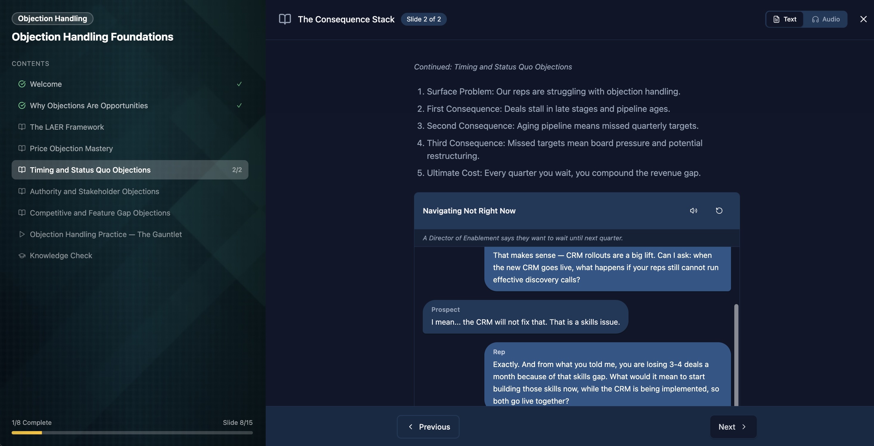 Consequence Stack worked example inside everboarder — a scripted 'not right now' exchange annotated with the LAER moves that survive it.