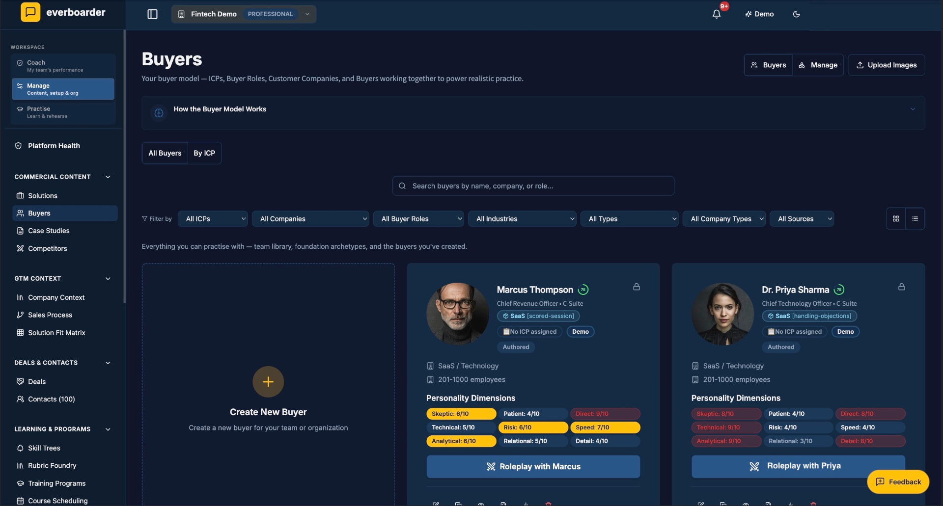 The buyer library inside everboarder — the digital twin of the ICP that both hiring and training run against.