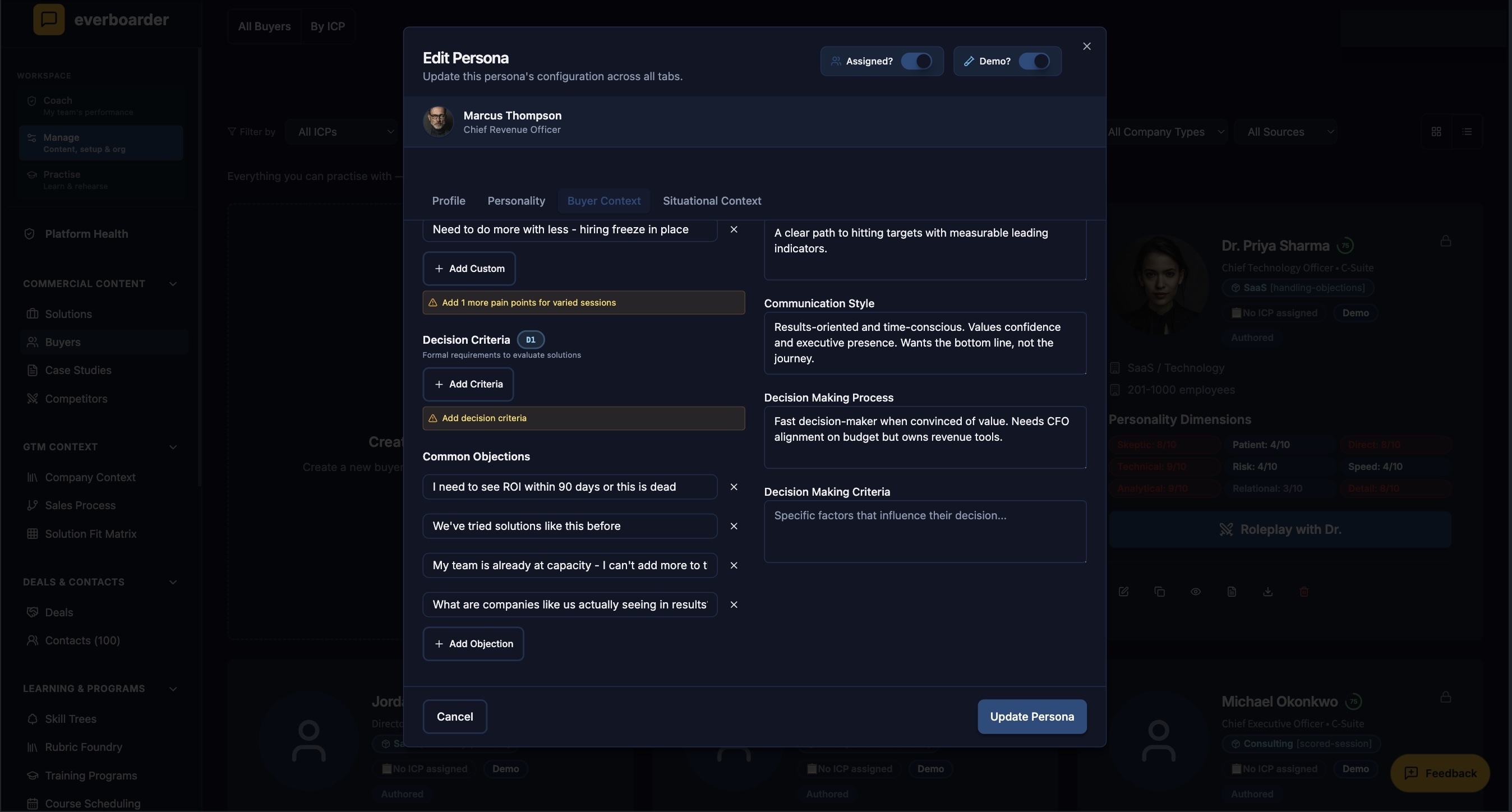 Persona builder inside everboarder — the tabbed editor assembling a buyer persona from enablement collateral.
