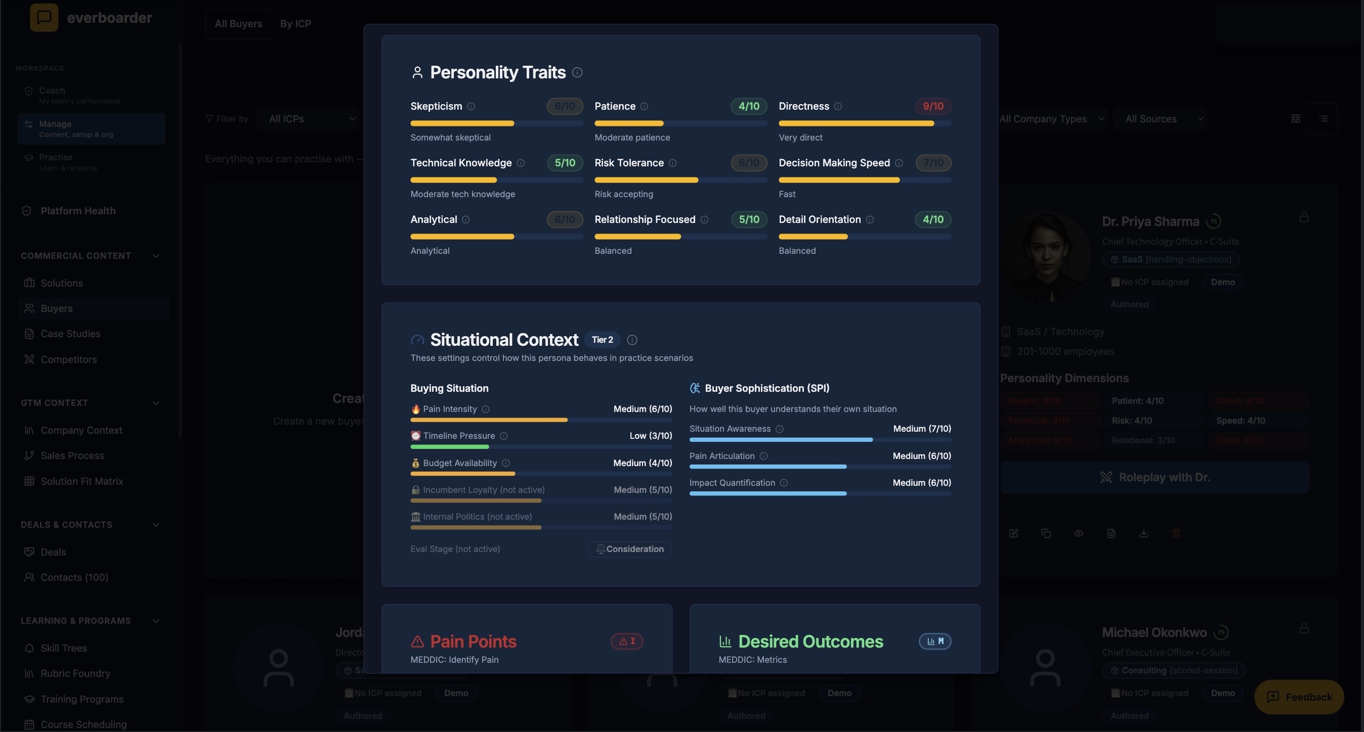 Personality and situational dials inside everboarder — the six MEDDIC dimensions tuned per persona for live qualification practice.