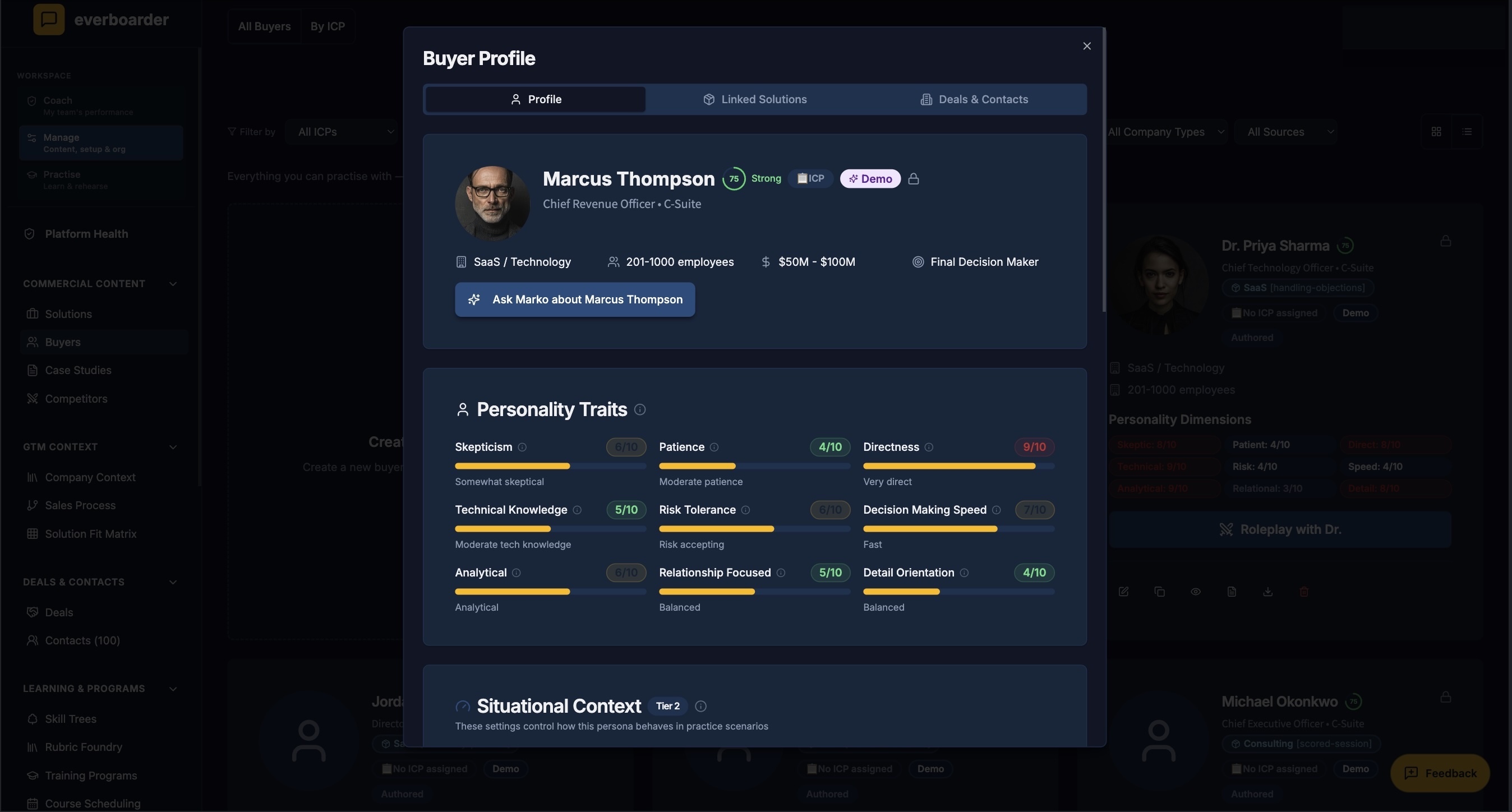 A buyer profile read view inside Everboarder — the persona the solution card is being drilled against.
