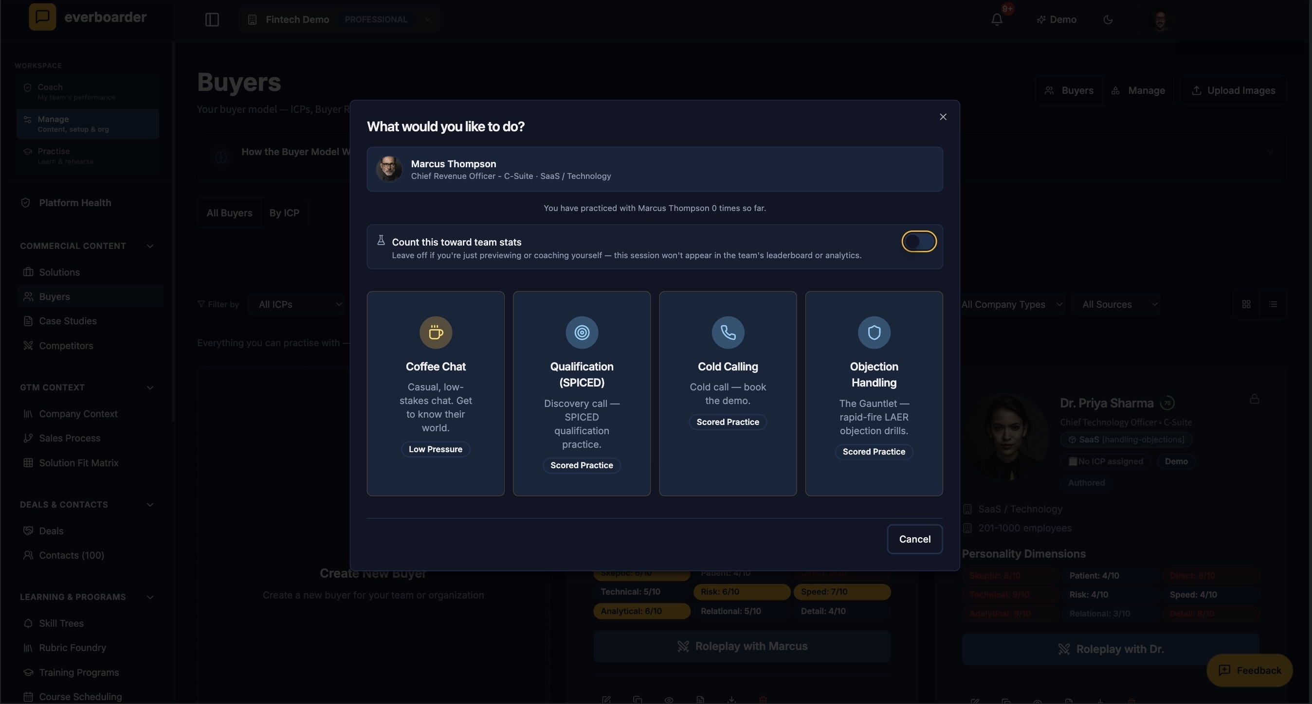 The Everboarder practice mode picker showing four ways to run a session — chat, scenario, scored roleplay, and gauntlet drill.