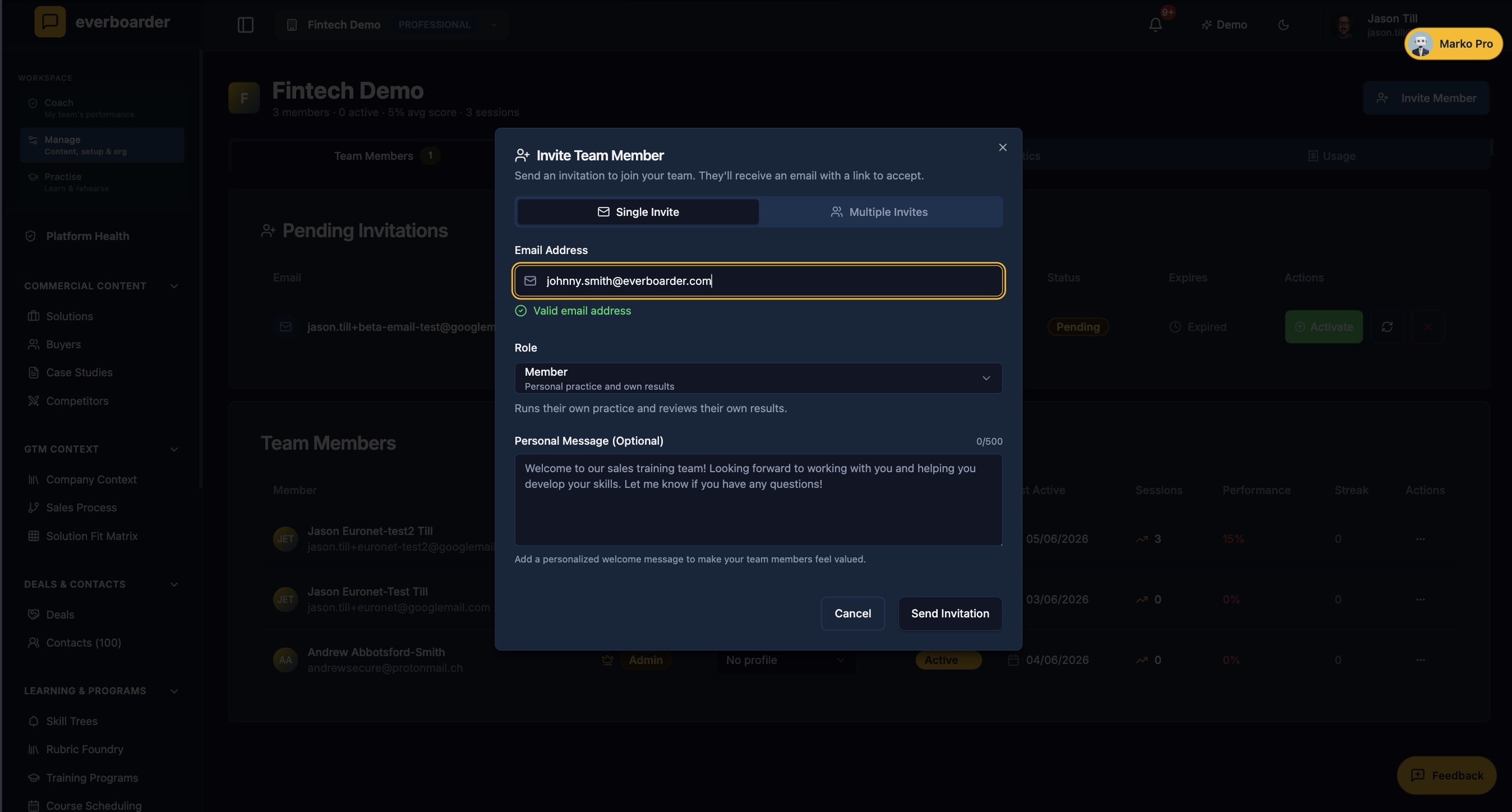 Team roster and invitation flow inside everboarder — assign practice programmes to reps by cohort or by name.