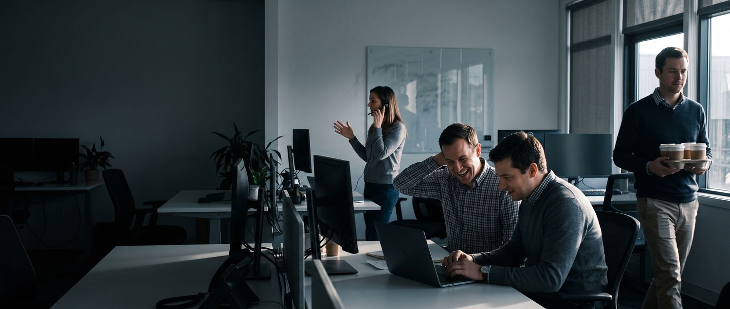 A sales team on the floor at work — three simultaneous moments of the day.