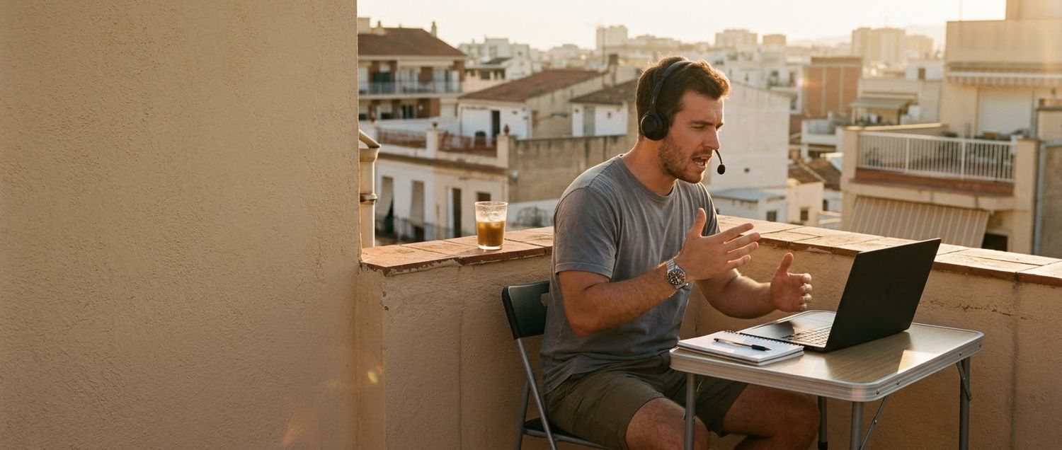 A rep on a headset running a serious cold call from their back garden — a folding table, a plastic chair, complete focus. Real cold calling, in the wild.