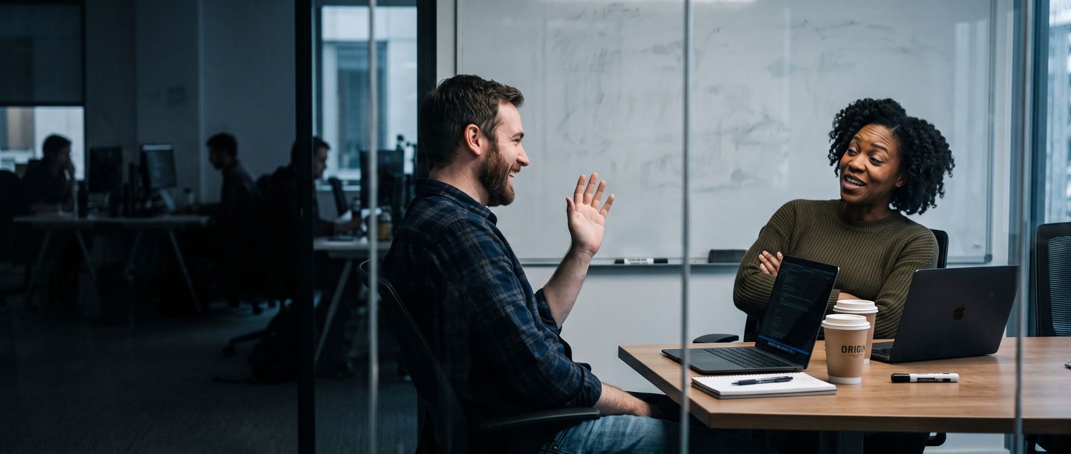 Sales reps running an objection-handling roleplay across a table.
