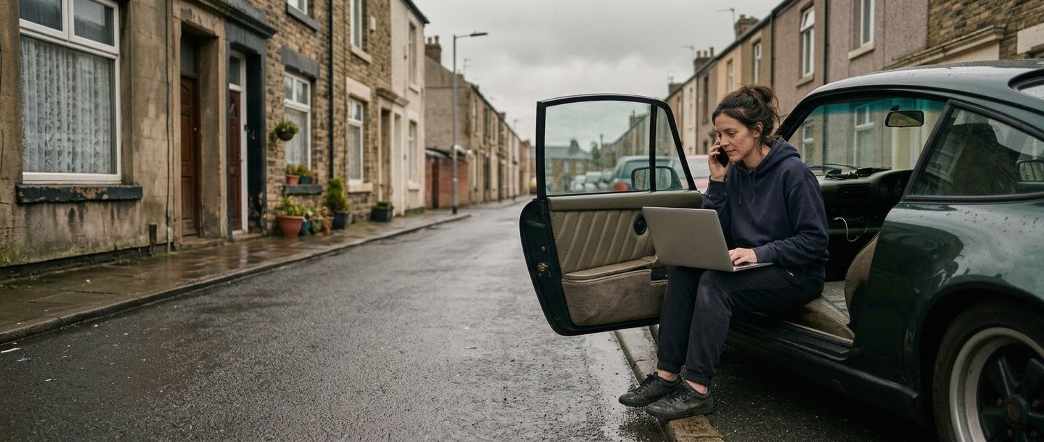A sales rep working mid-day from the open door of a well-kept older sports car parked on a British side street — laptop on her knees, quota still to hit. The everyday reality that sales-performance solutions have to serve.