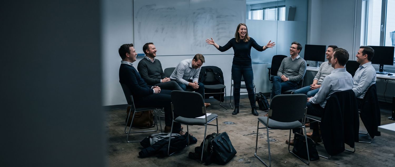 A sales-training roleplay practice session.