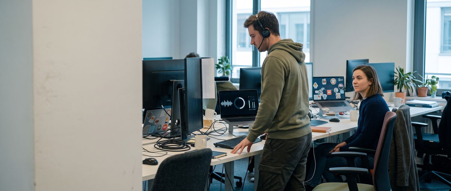 A rep at their headset desk running the cold-call script.